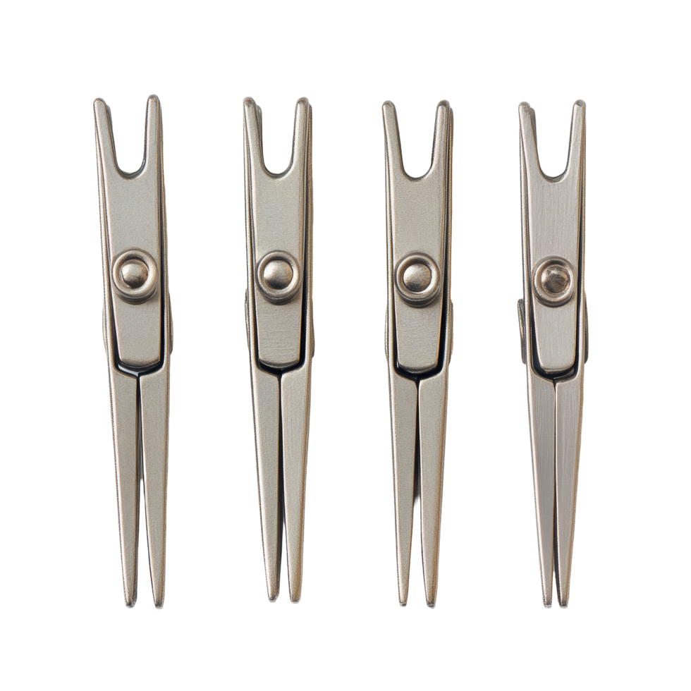 Shiny stainless clothespins arranged neatly on a transparent surface for laundry or crafting uses, Stainless clothespins on transparent backgroundfile png