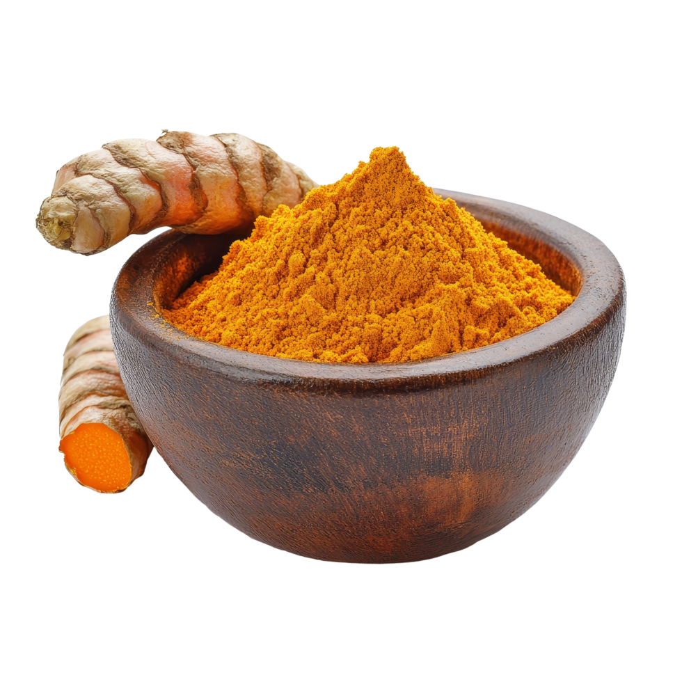 Curcuma powder in a wooden bowl with fresh turmeric root on a clean transparent background for culinary use and health benefits, curcuma powder in a bowl and root on transparent background png