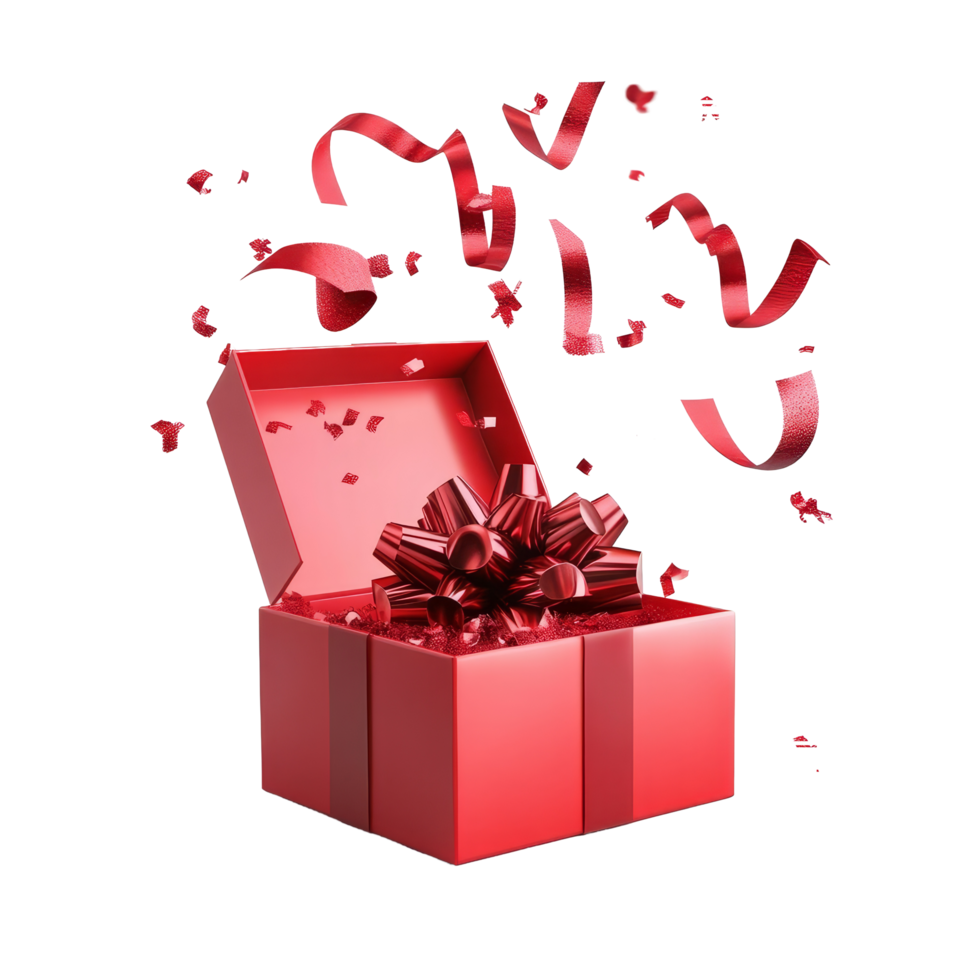Red gift box bursting with ribbons and confetti, ready for a special occasion celebration, Ribbon popping out from red open gift box over transparent background Stock Illustration png