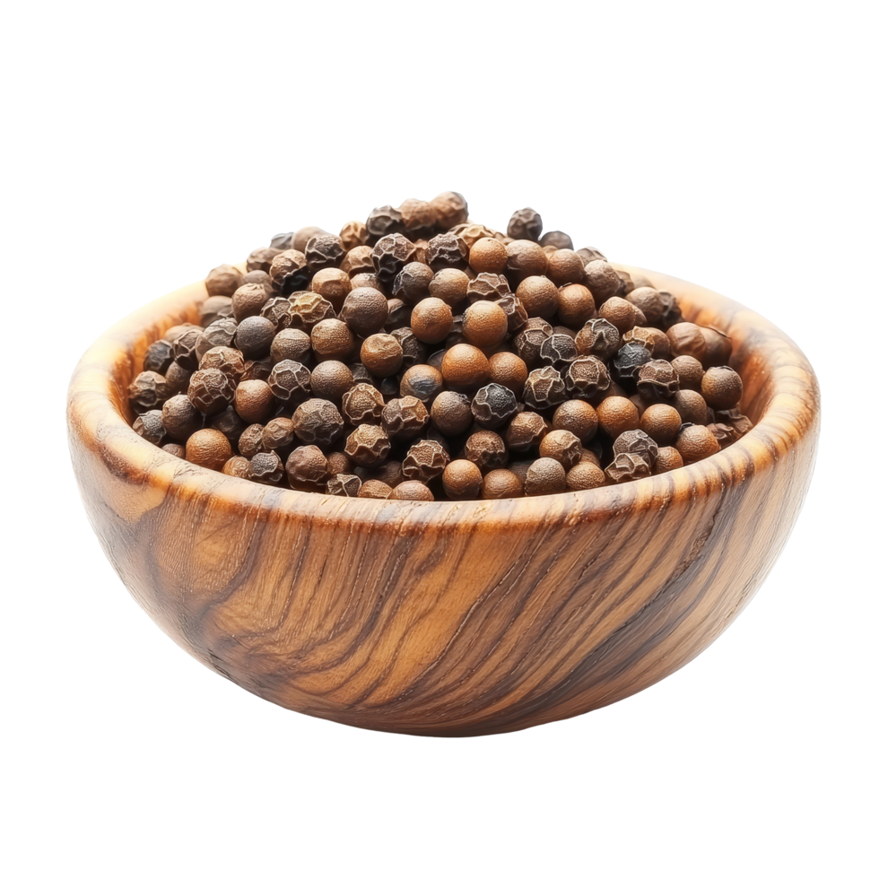 Freshly harvested peppercorns in a rustic wooden bowl against a clean transparent background, peppercorn in wood bowl isolated on transparent background png