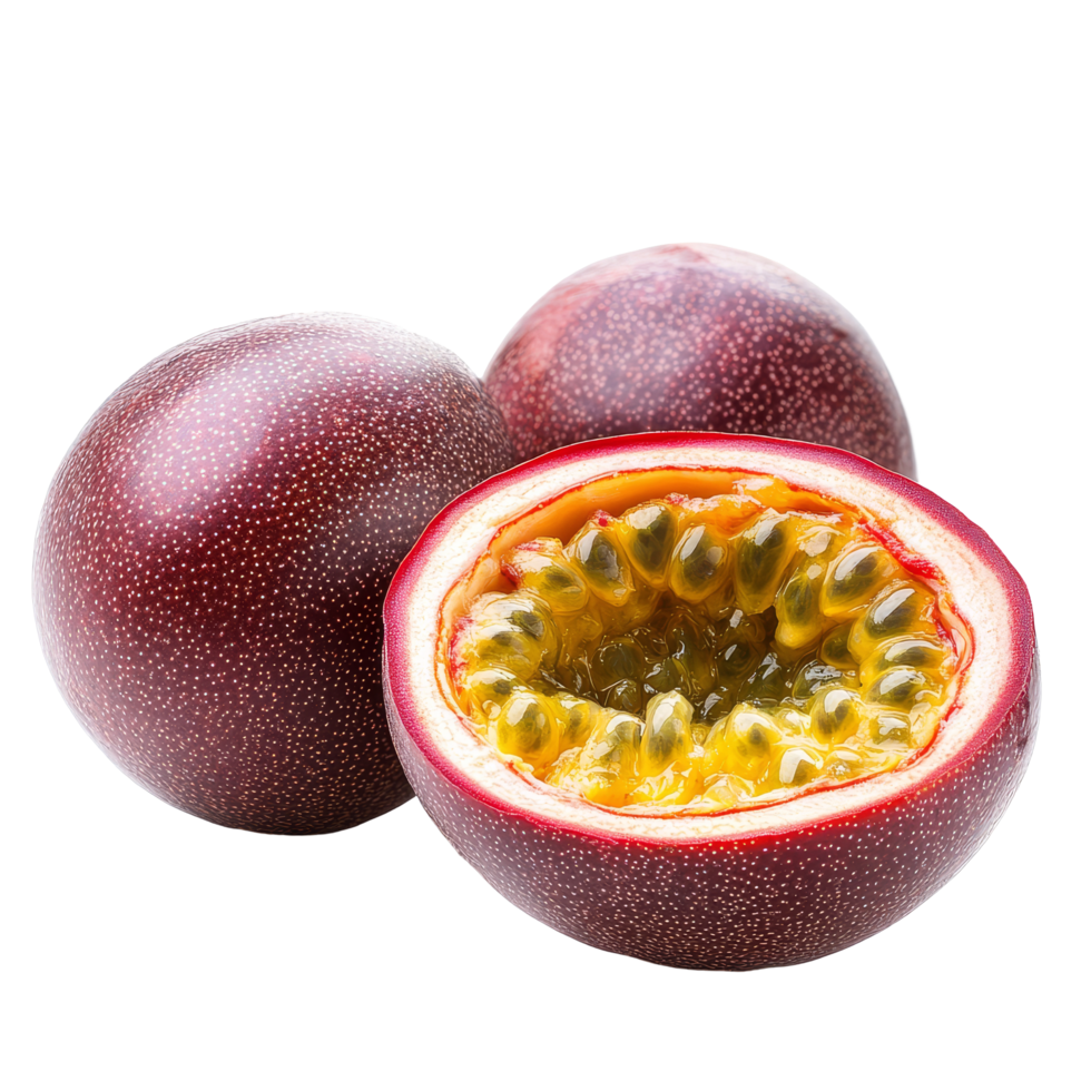 Fresh young passion fruit cut open on a transparent background displaying rich yellow pulp and seeds, Young Passion Fruit isolated on transparent background png