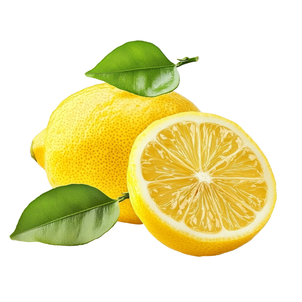Fresh lemon and a cut half with green leaves on a clean transparent background showcasing natural produce, Lemon with leaf isolated on transparent background png