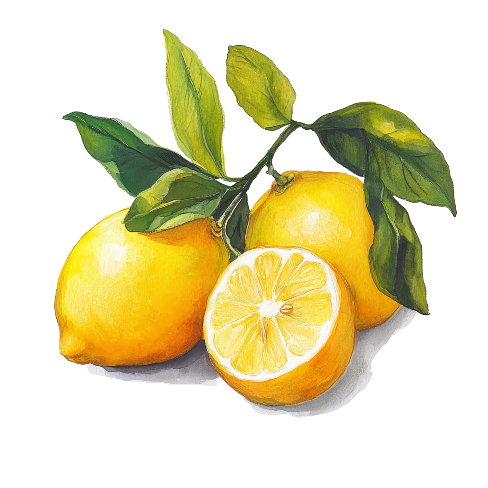 Fresh lemons on a clean transparent background with green leaves highlighting their vibrant color and freshness, Lemons on transparent background png