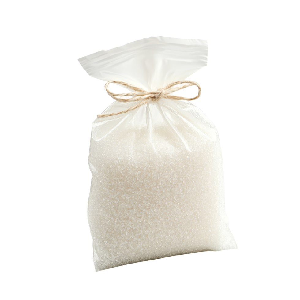 A single transparent sugar sachet tied with twine on a clean, transparent background for cooking and baking purposes, transparent sugar sachet on transparent backgroundfile png