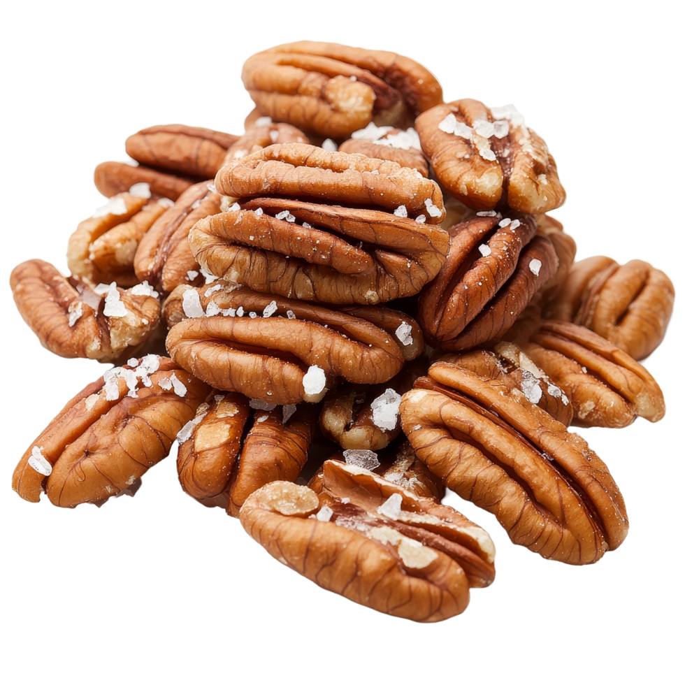 Lightly salted pecan nuts piled together on a clean transparent surface for a fresh and healthy snack, Pecan nuts topped with light salt isolated on transparent background png