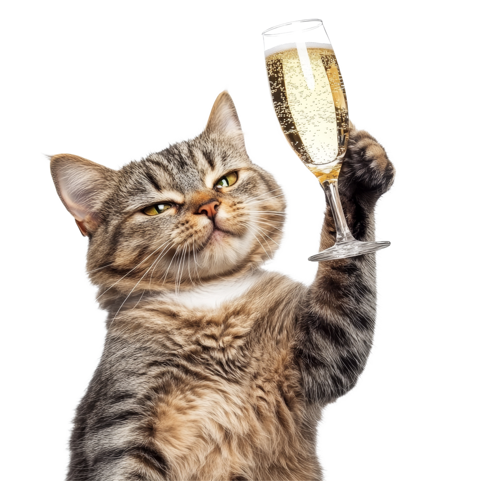 A mischievous cat raises a champagne glass in celebration against a transparent background, Funny Cat with Champagne Glass On transparent background Celebration Concept png