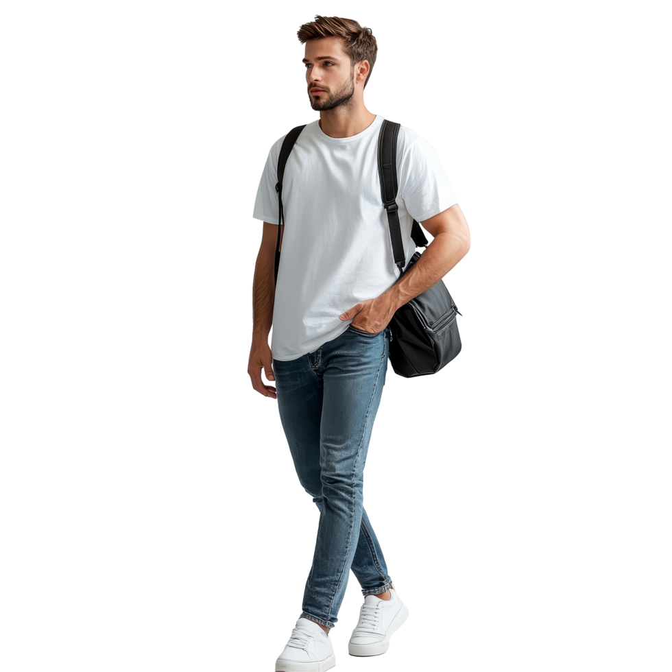 A stylish male model walks confidently in casual jeans and a black bag against a minimalist backdrop, walking male model in jeans with a black bag png