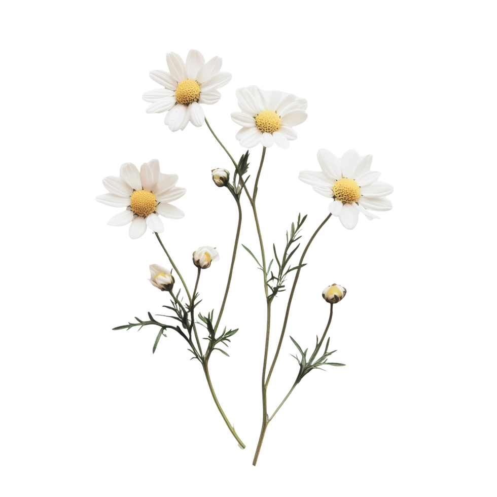 Delicate chamomile blooms arranged gracefully on a clean transparent surface, Delicate chamomile blooms isolated on a clean transparent background, perfect for s ands png