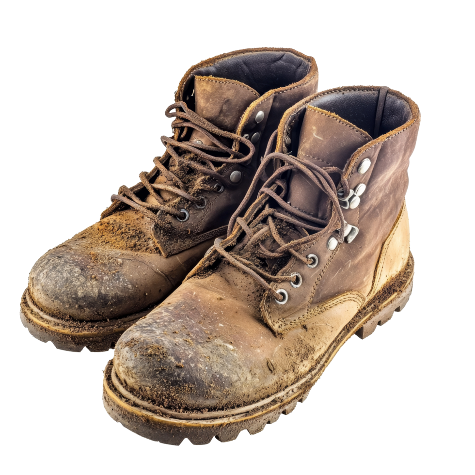 Rugged brown leather worker boots sitting on a rustic wooden surface after a hard days labor outdoors, old brown leather rugged worker boots shoes with mud and dust isolated on transparent background png