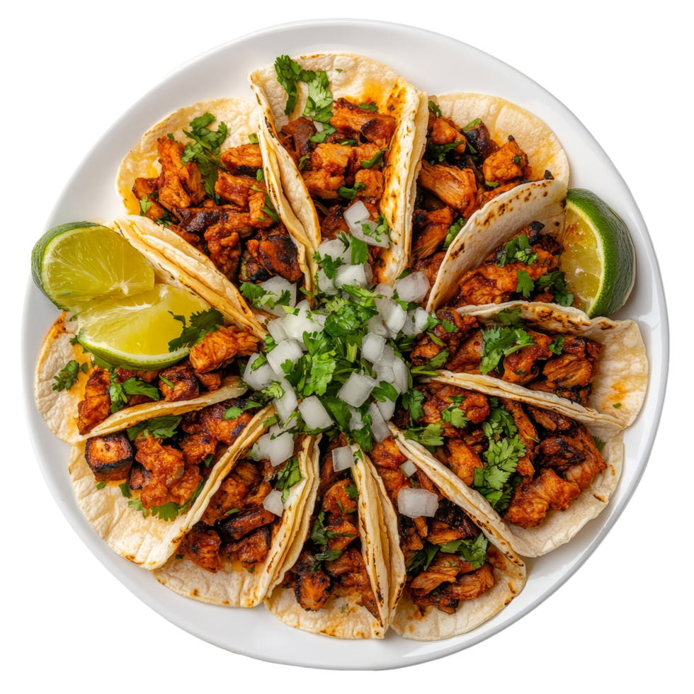 Deliciously crafted tacos al pastor on a transparent plate garnished with lime and fresh cilantro, Top view delicious tacos al pastor food plate on a transparent background png