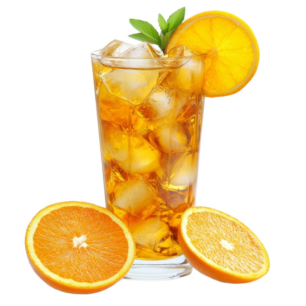 Refreshing orange iced tea served with a slice of orange on a bright transparent background, orange iced tea cup on transparent backgroundfile png