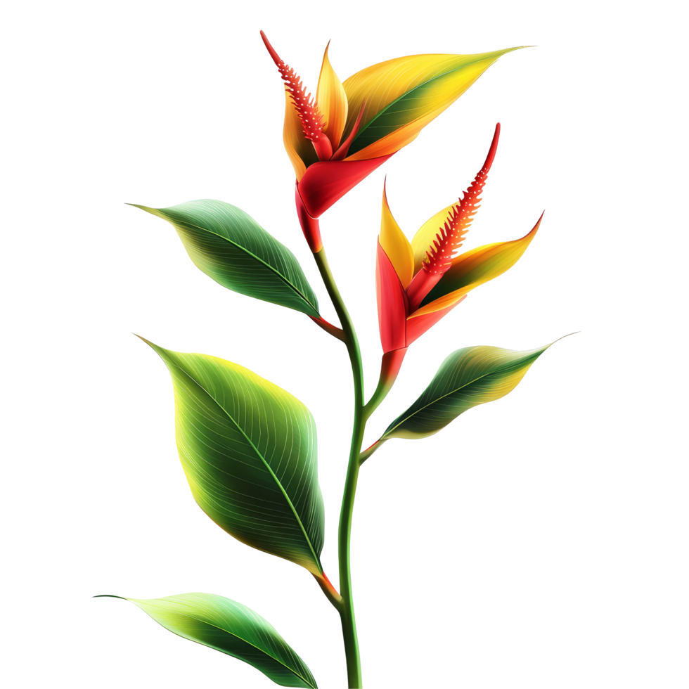 Vibrant heliconia flower with striking colors against a transparent background showcasing tropical beauty and elegance, vibrant heliconia in style, isolated on a transparent background for design png