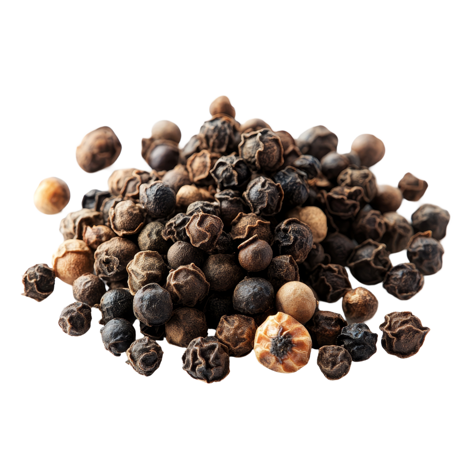 Fresh black peppercorns spread elegantly on a clean transparent background showcasing their natural texture and color, of pepper full depth of field on transparent background png