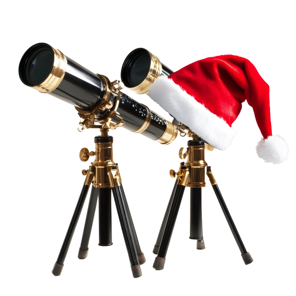 Telescopes decorated with Santa hats for a festive Christmas celebration on a bright transparent background, Telescopes with Santa Hats on transparent background Christmas Gift png