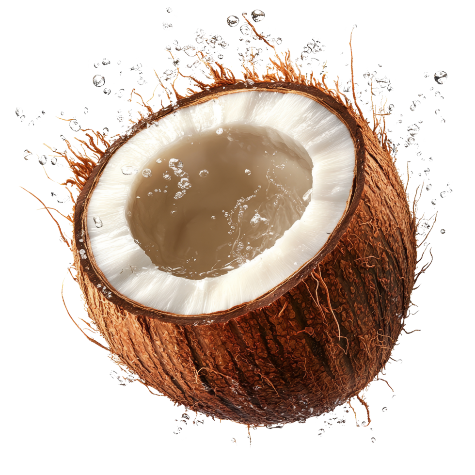 Boiled coconut with water splashing on a transparent background showcasing a fresh, natural scene, boil coconut on transparent background png