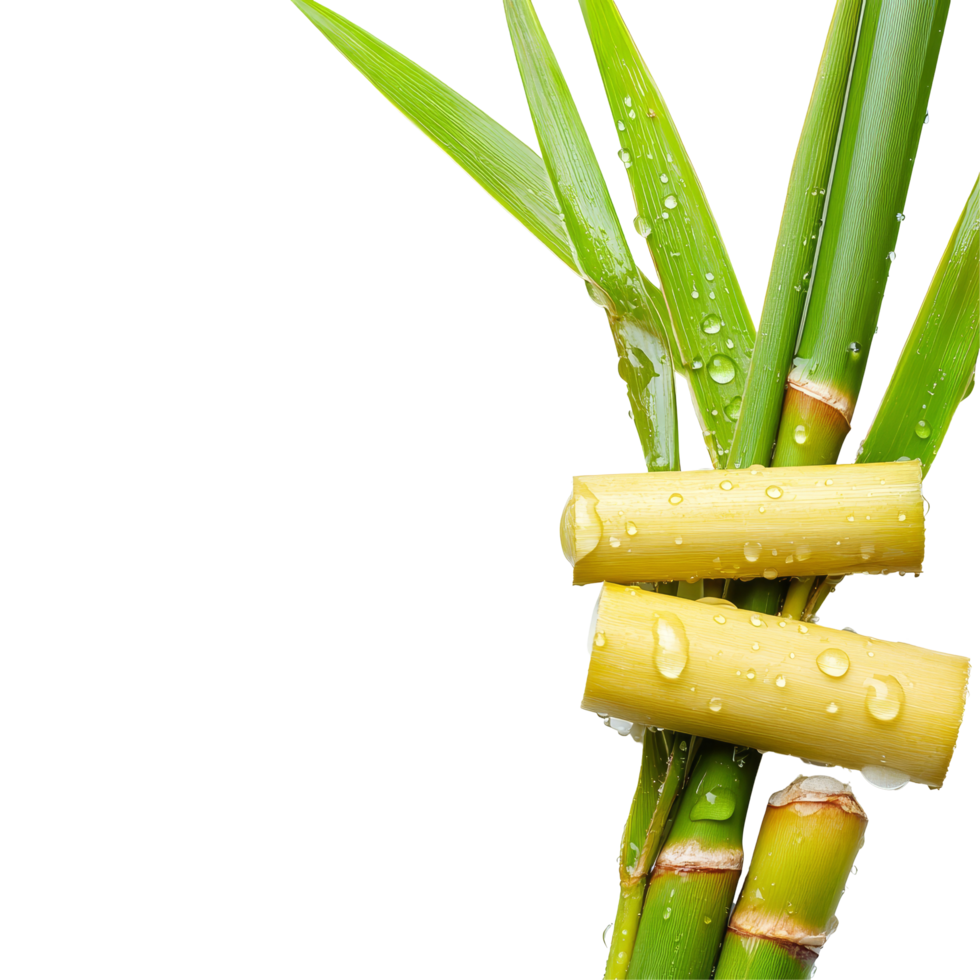 Water droplets adorn fresh sugarcane stalks against a clean transparent backdrop in bright lighting, water drops sugarcane on transparent background png