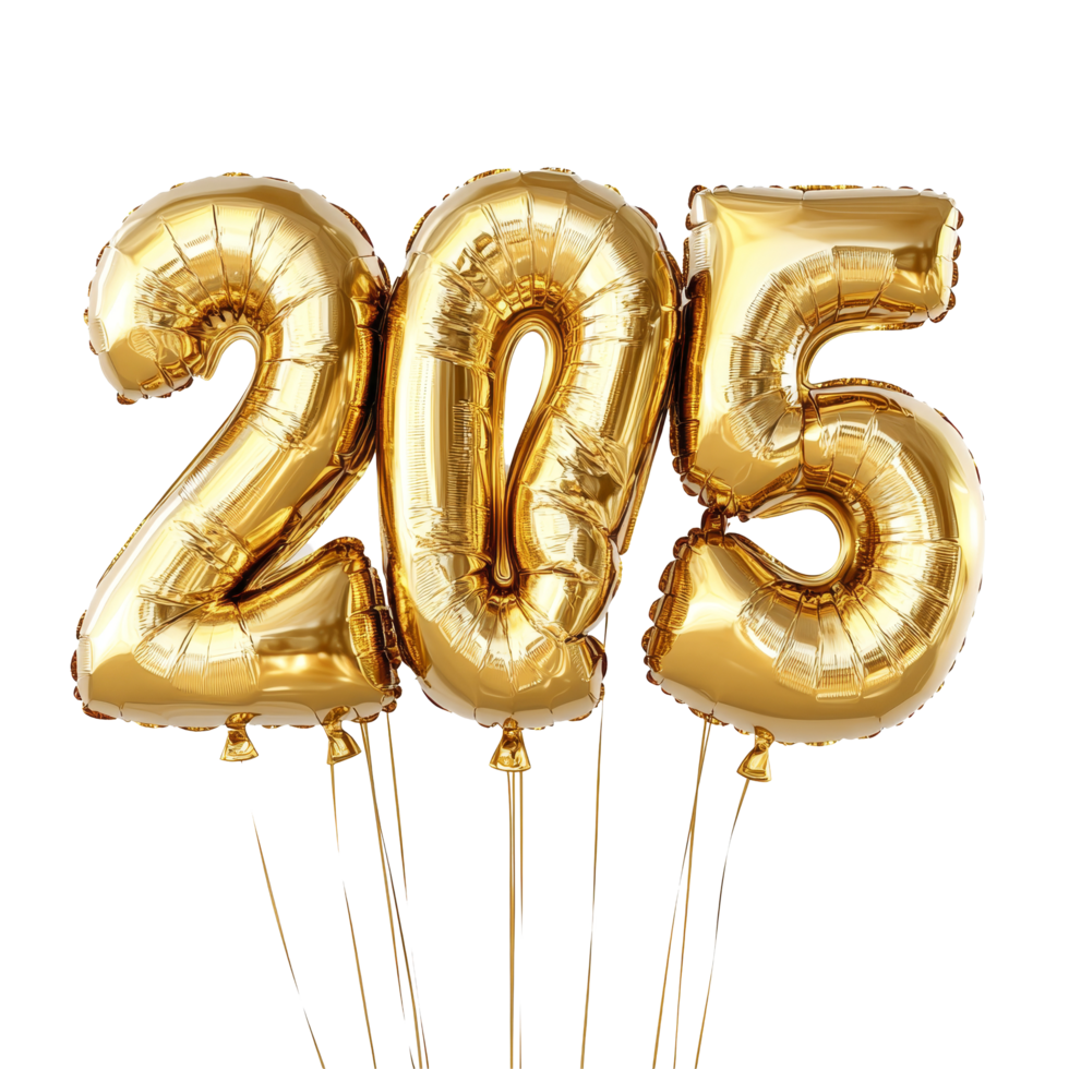Gold balloons shaped as numbers 2, 0, 2, and 5 for New Year celebration decoration, 3D Gold Balloons Shaped as 2025 for New Year Celebration on transparent background png