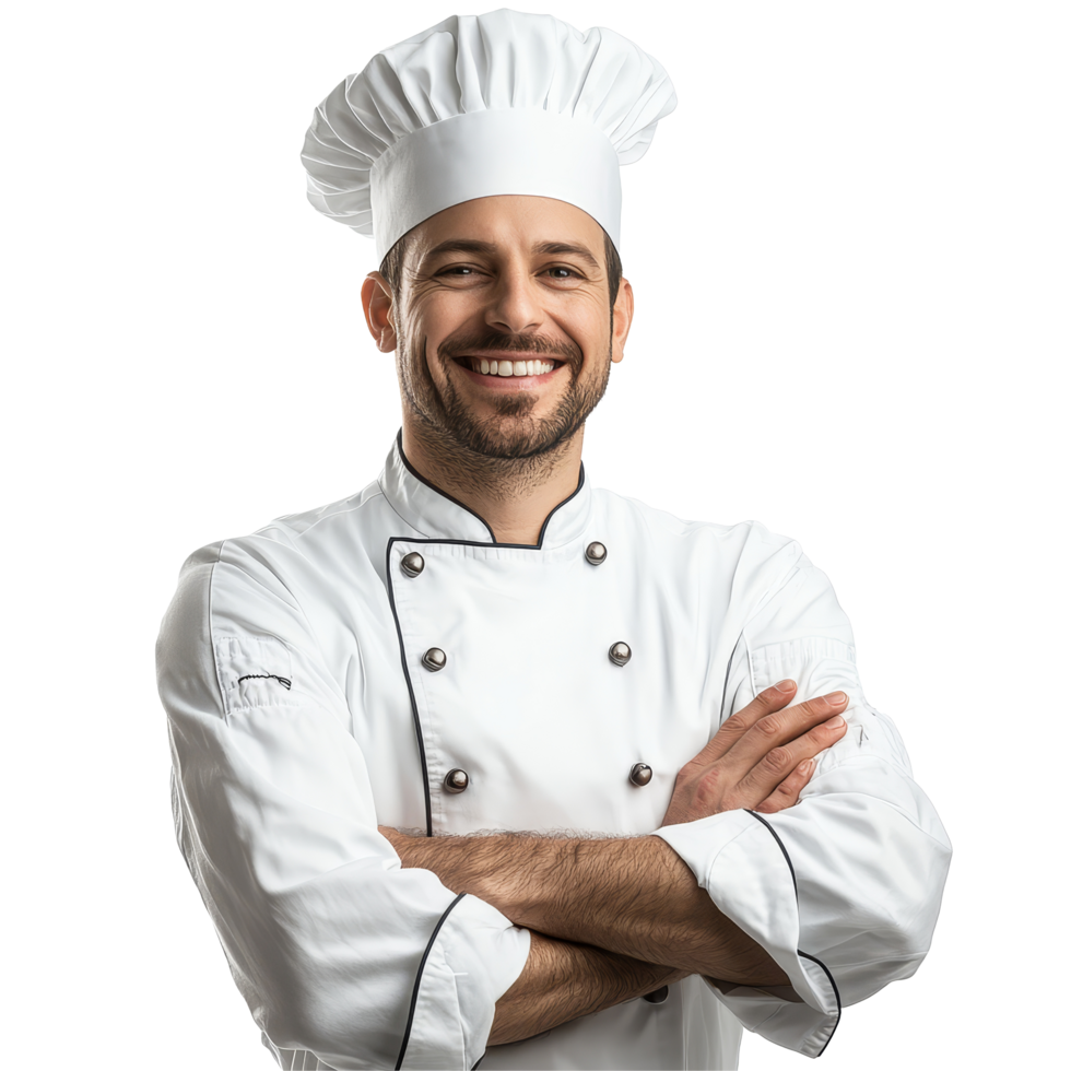 Friendly chef with a warm smile and crossed arms, showcasing culinary passion in a professional kitchen attire, chef portrait, friendly smiling arms crossed, transparent background png