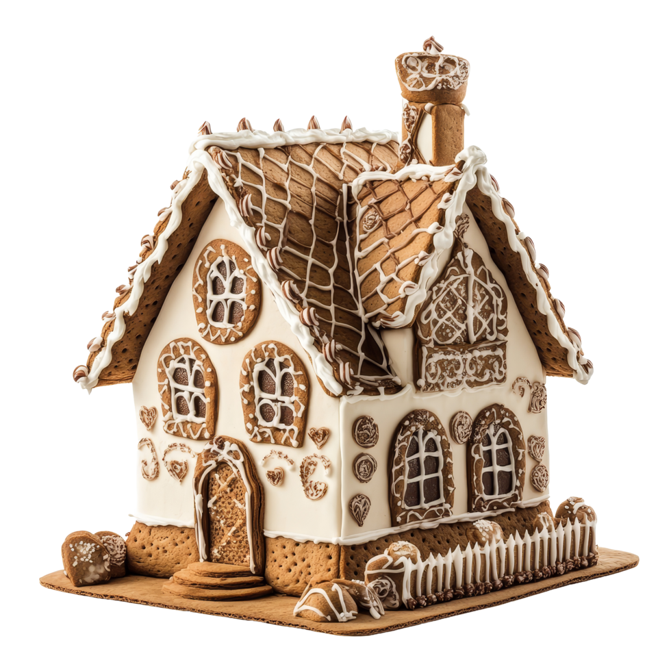 Gingerbread house with decorative icing and candy details set against a transparent background for festive celebrations, Gingerbread House Isolated on transparent background png