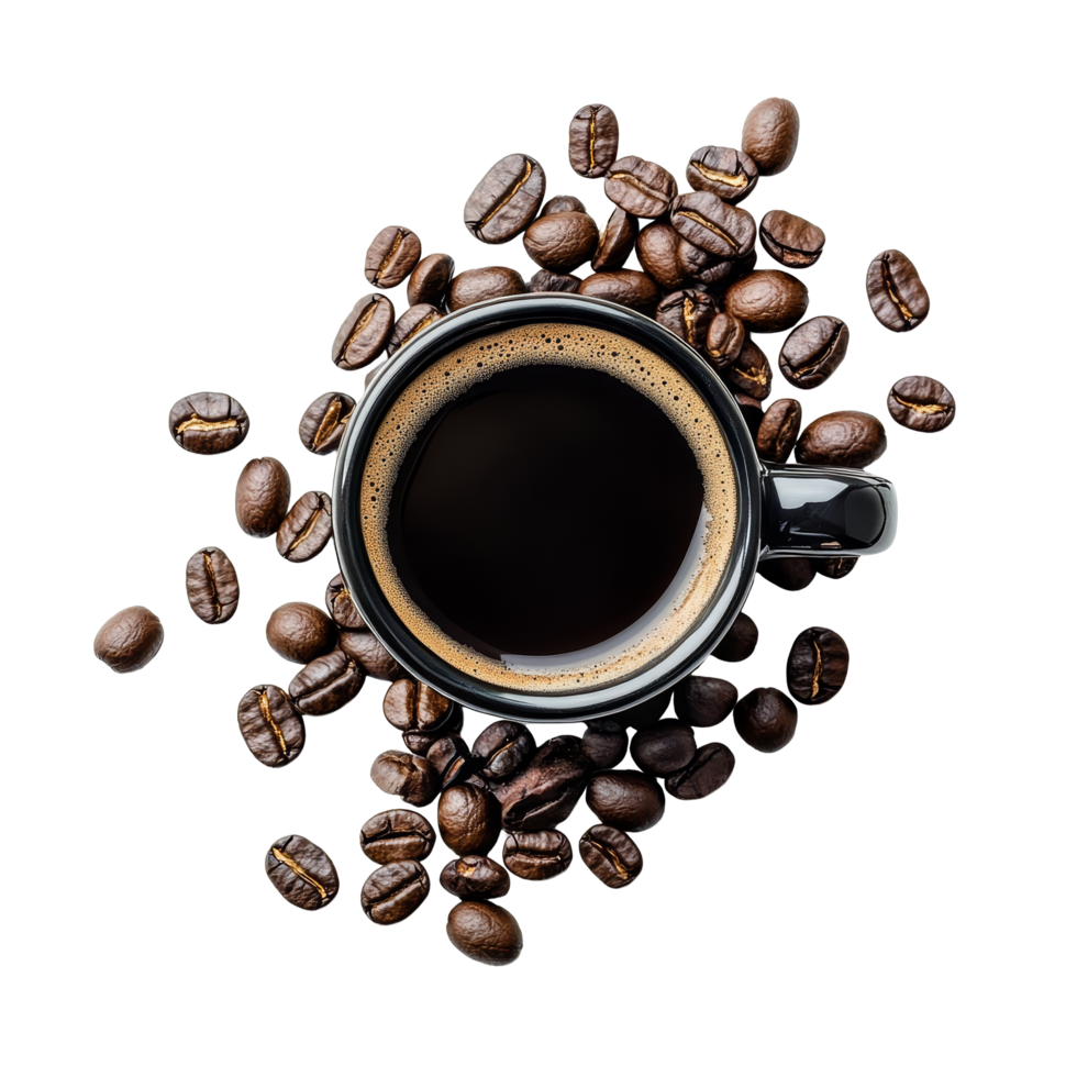 A steaming cup of black coffee surrounded by aromatic coffee beans on a transparent surface, Black coffee and coffee beans on transparent background flat lay png