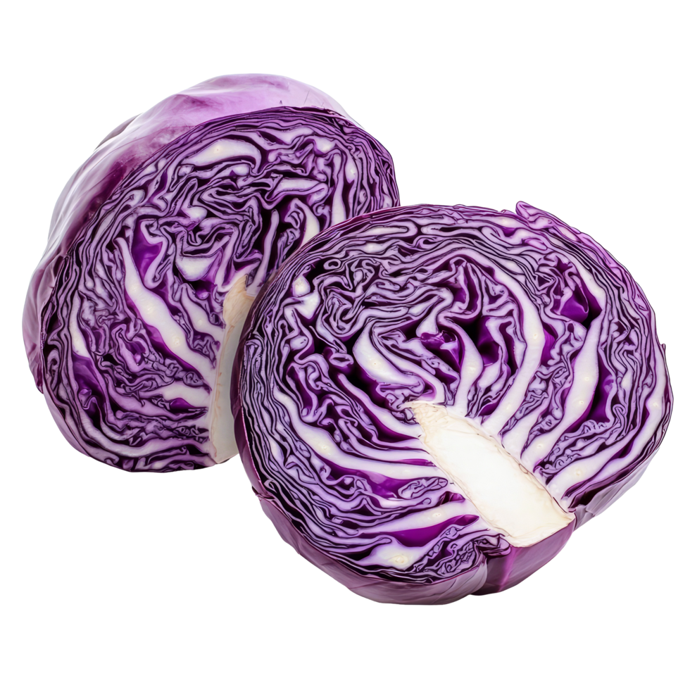 Sliced red cabbage displayed on a clean transparent surface highlighting its vibrant color and intricate internal patterns, Sliced red cabbage isolated on transparent background png