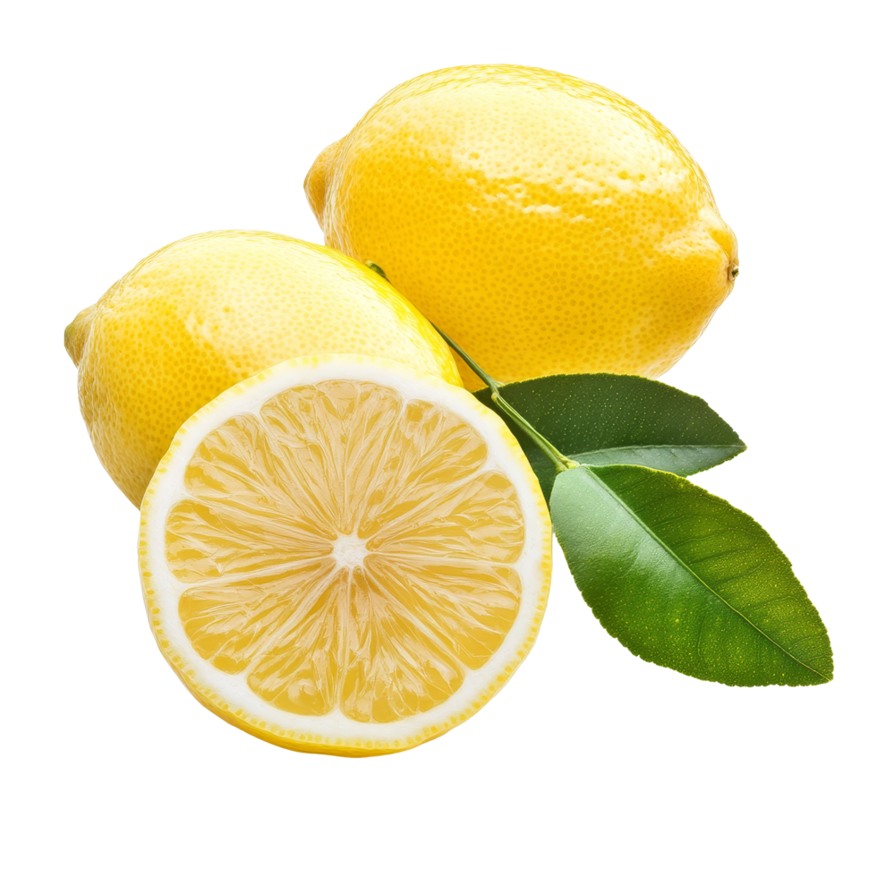 Fresh lemon with leaf whole and sliced on transparent background showcasing vibrant color and natural beauty, Lemon with leaf isolated on transparent background png