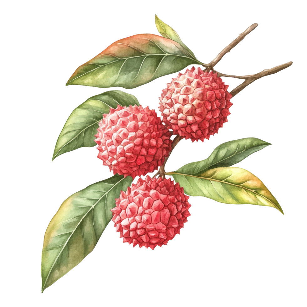 Fresh lychee tropical fruit cluster with vibrant green leaves on a bright transparent background, lychee tropical fruit with leaves on transparent background png