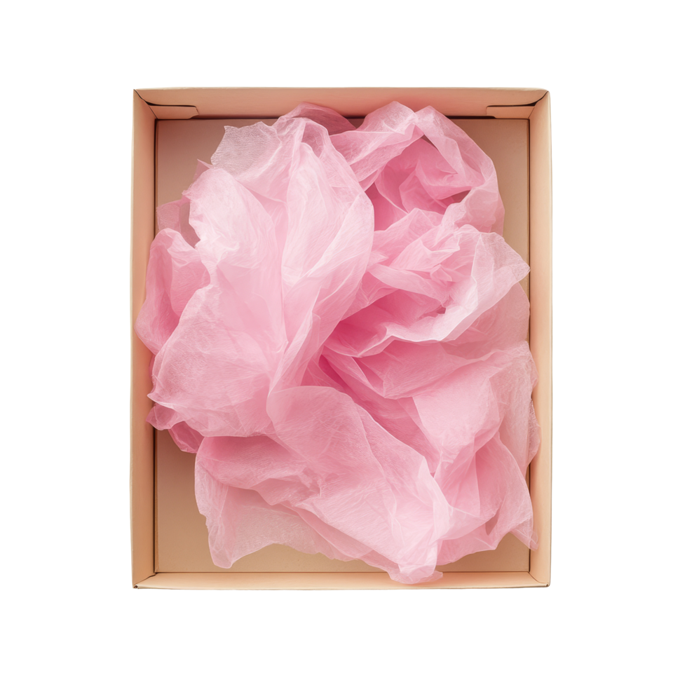 Soft pink tissue paper neatly arranged in a simple box on a clean transparent background, tissue paper in box on transparent backgroundfile png