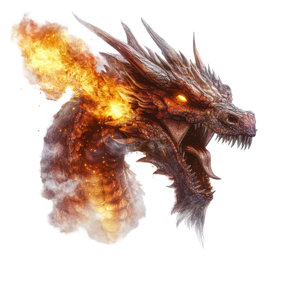 A fierce dragon head breathing fire in a display of power with vibrant accents amidst, Dragon Head Breathing Fire, Fantasy Creature with Fiery Breath, Isolated on transparent background png