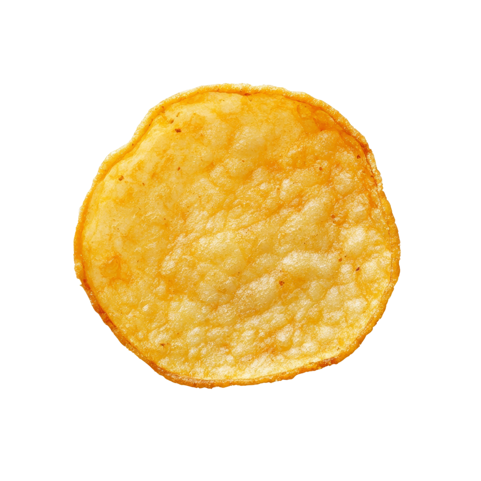 Single round potato chip on a clean transparent background, showcasing its crispy texture and golden color, single round shape potato chip isolated on transparent background png
