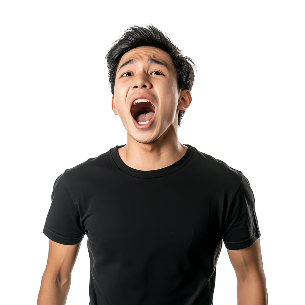 Happy young Asian man shouting with excitement against a plain transparent background, Happy handsome young Asian man shouting isolated transparent background png