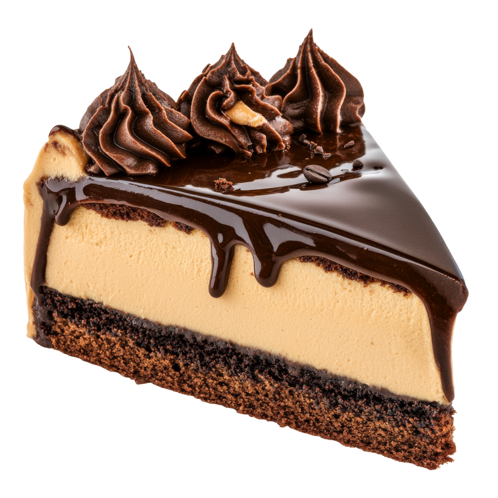 Delicious chocolate coffee caramel cake slice with decadent toppings, perfect for dessert lovers seeking, chocolate coffee caramel Cake slice toping isolated on transparent background or transparent png