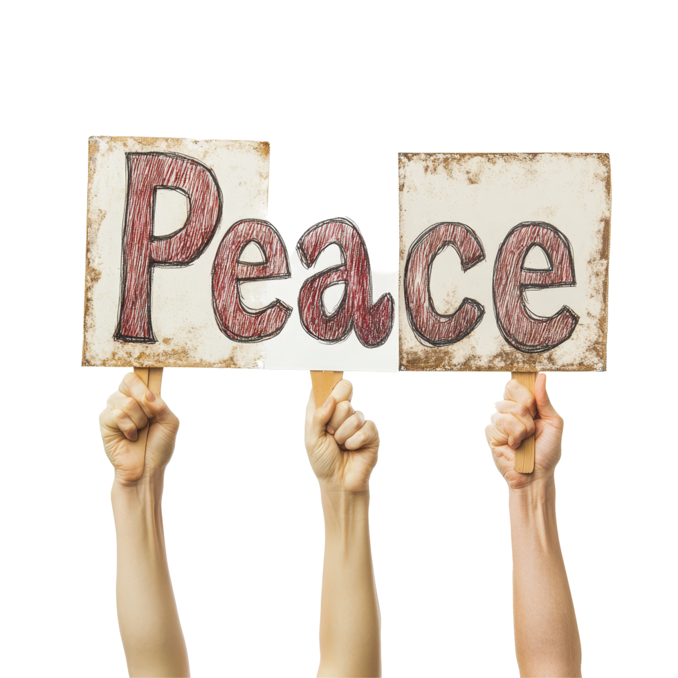 Hands raised with peace protest signs advocating for harmony against a transparent background, HandHeld Peace Protest Signs on transparent background png