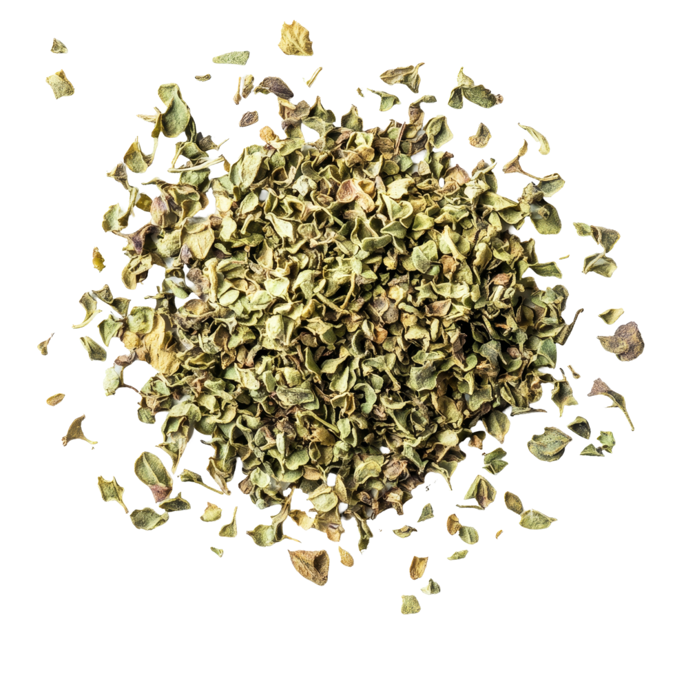 Dried oregano leaves spread on a transparent background showcasing their texture and color in natural light, Dried Oregano on transparent background png