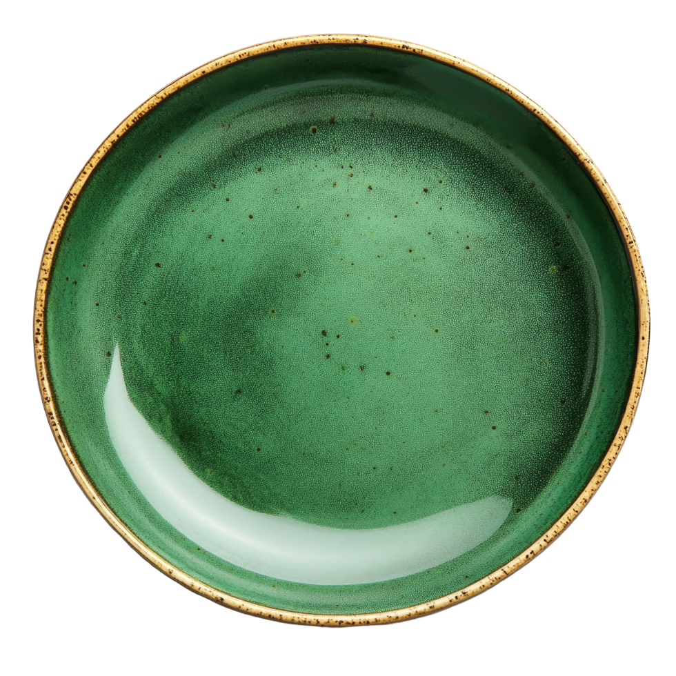 A beautiful green plate with a glossy finish set against a simple transparent background for a minimalist dining approach, green plate on transparent background png