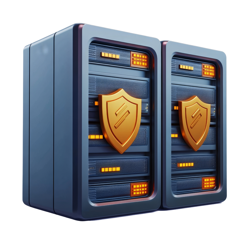 Cartoonstyle secure data servers with shields in a transparent color scheme, 3D Cartoon Secure Data Servers with Shields on transparent background png