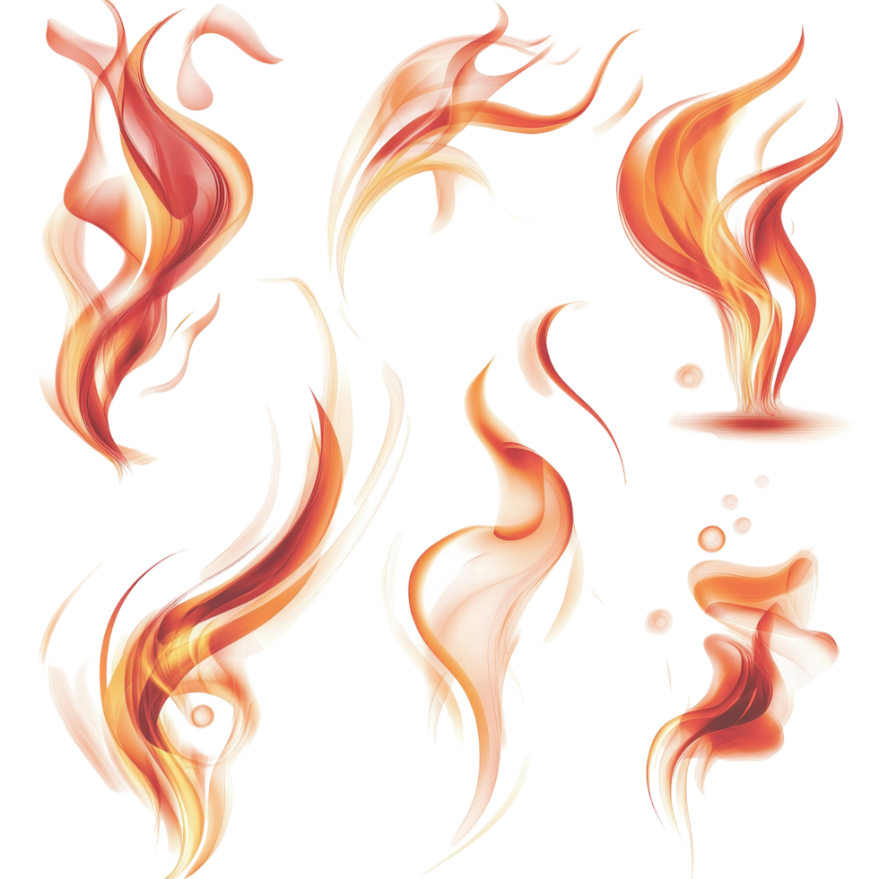 Elegant collection of vivid fire flames showcasing dynamic shapes and colors on a clean background, Elegant Fire Flames Vivid and Dynamic Isolated Elements on a transparent background png