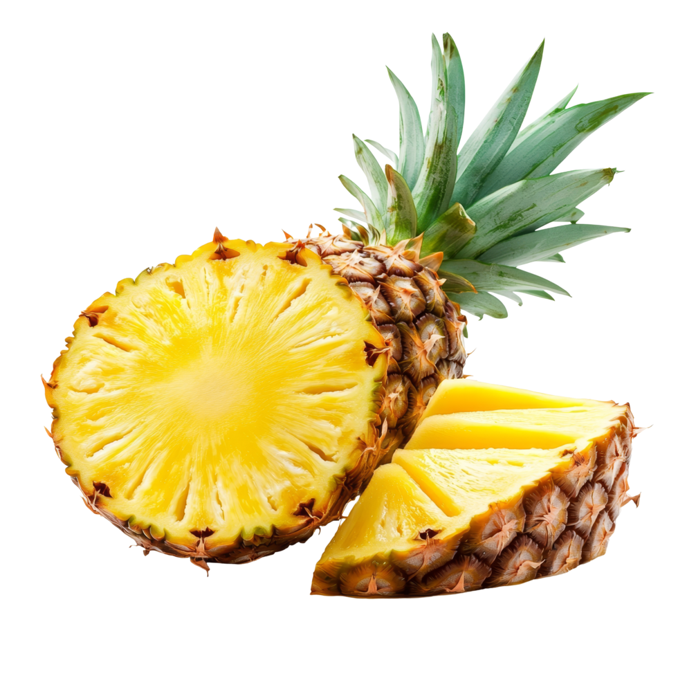 Freshly sliced pineapple with bright yellow flesh displayed on a clean transparent background for culinary purposes, slice pineapple on transparent background png