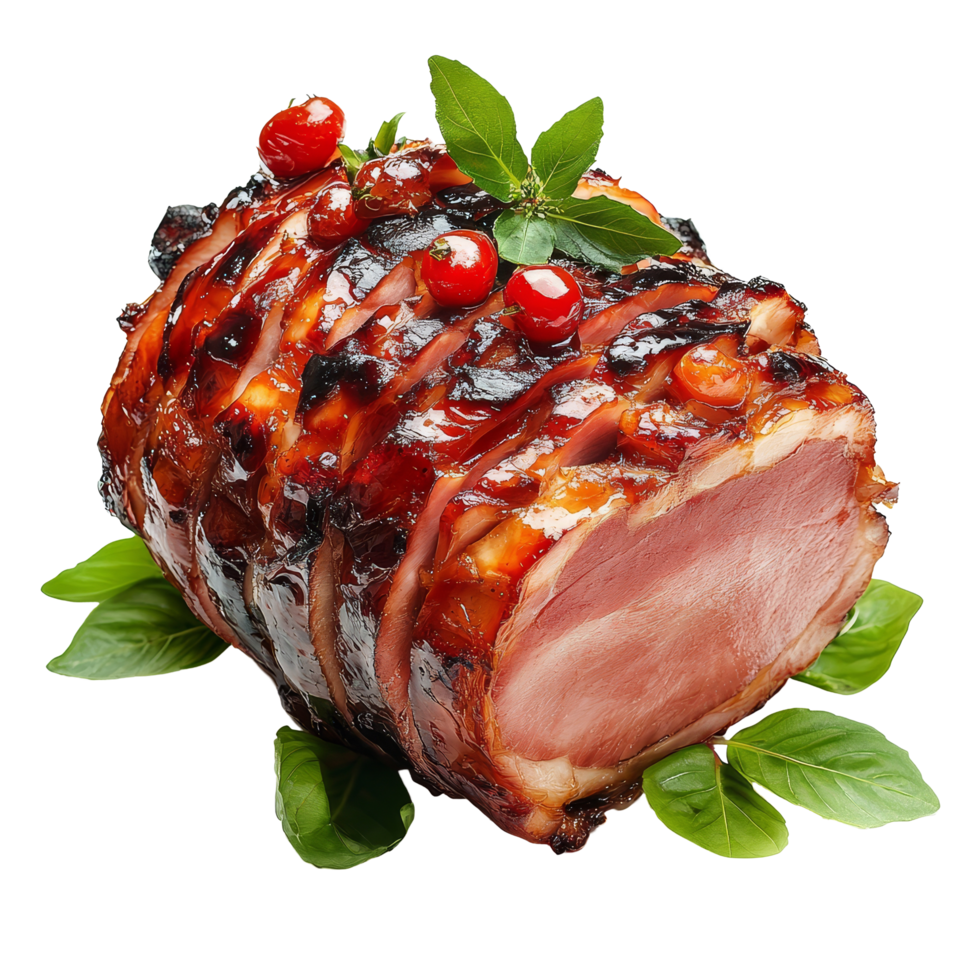Delicious honey glazed ham garnished with basil and cranberries on a transparent background, Tasty food honey glazed ham on a transparent background png