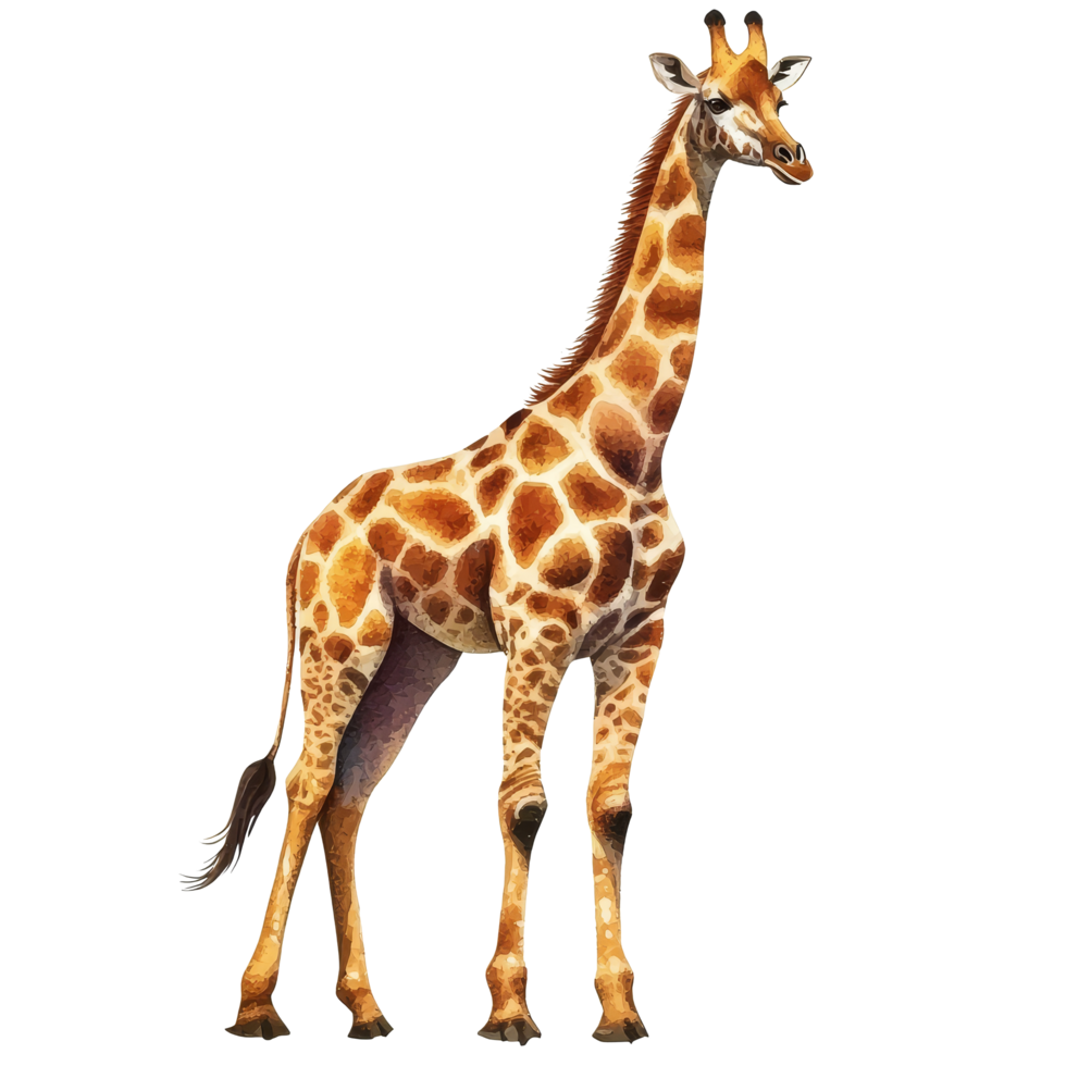 A watercolor painting of a giraffe standing tall against a transparent background in a vibrant artistic style, Watercolor giraffe isolated on transparent background png