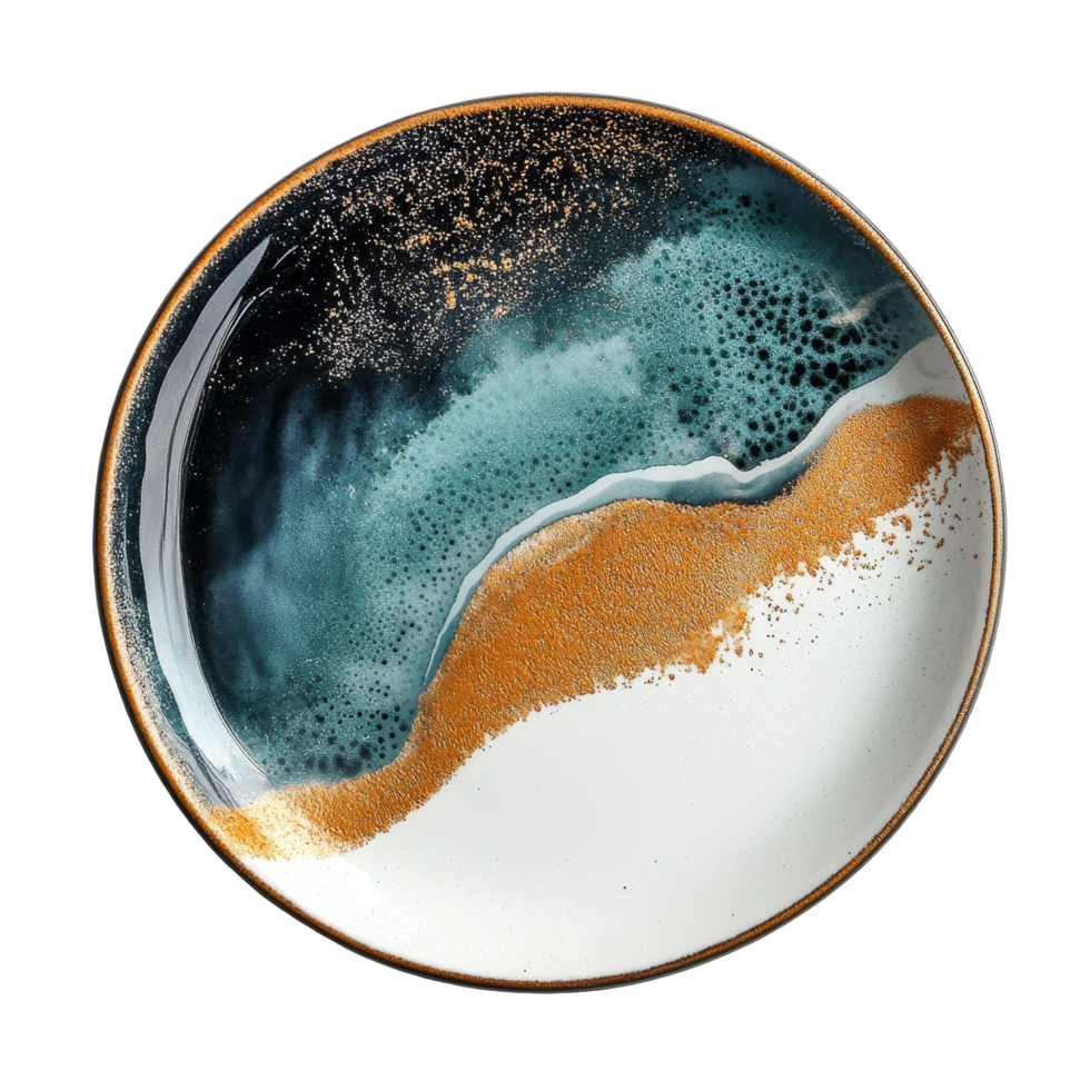 Elegant modern ceramic plate with a unique shape and beautiful glaze design on a pristine transparent background, modern ceramic plate beautiful shape on transparent background png
