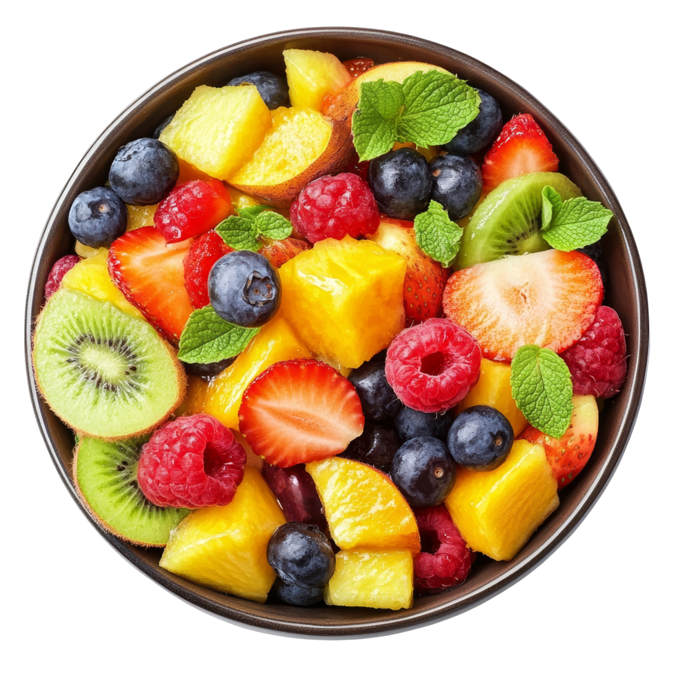 Fresh mixed fruit salad with kiwi, berries, and pineapple in a bowl, perfect for summer refreshment, Fresh tasty mixed fruit salad in a bowl on a transparent background png