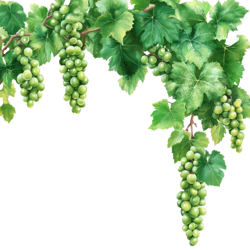 A bunch of fresh green grapes and vibrant leaves cascading from a natural branch against a transparent background, green grapes branch and leaves hanging top transparent background png