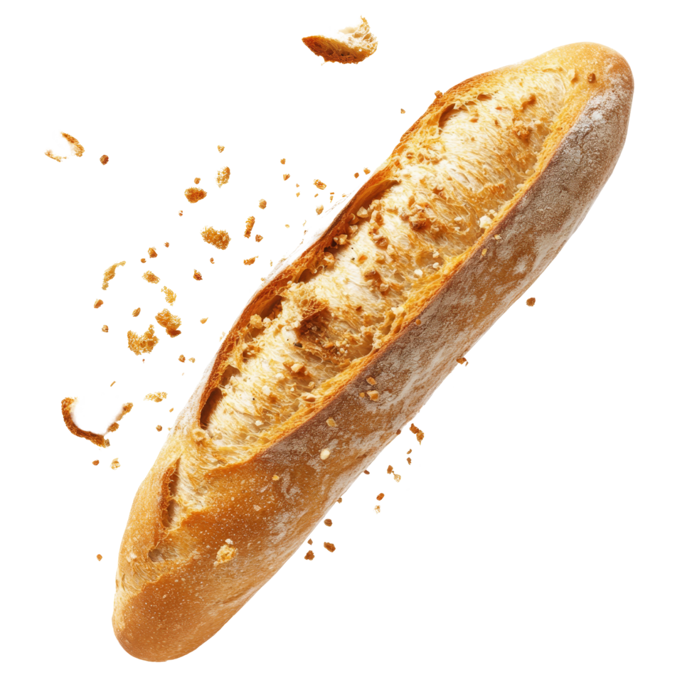 Freshly baked baguette with crispy crumbs falling, isolated against a transparent background, Fresh Baguette with Crispy Falling Crumbs isolated on transparent background Image png
