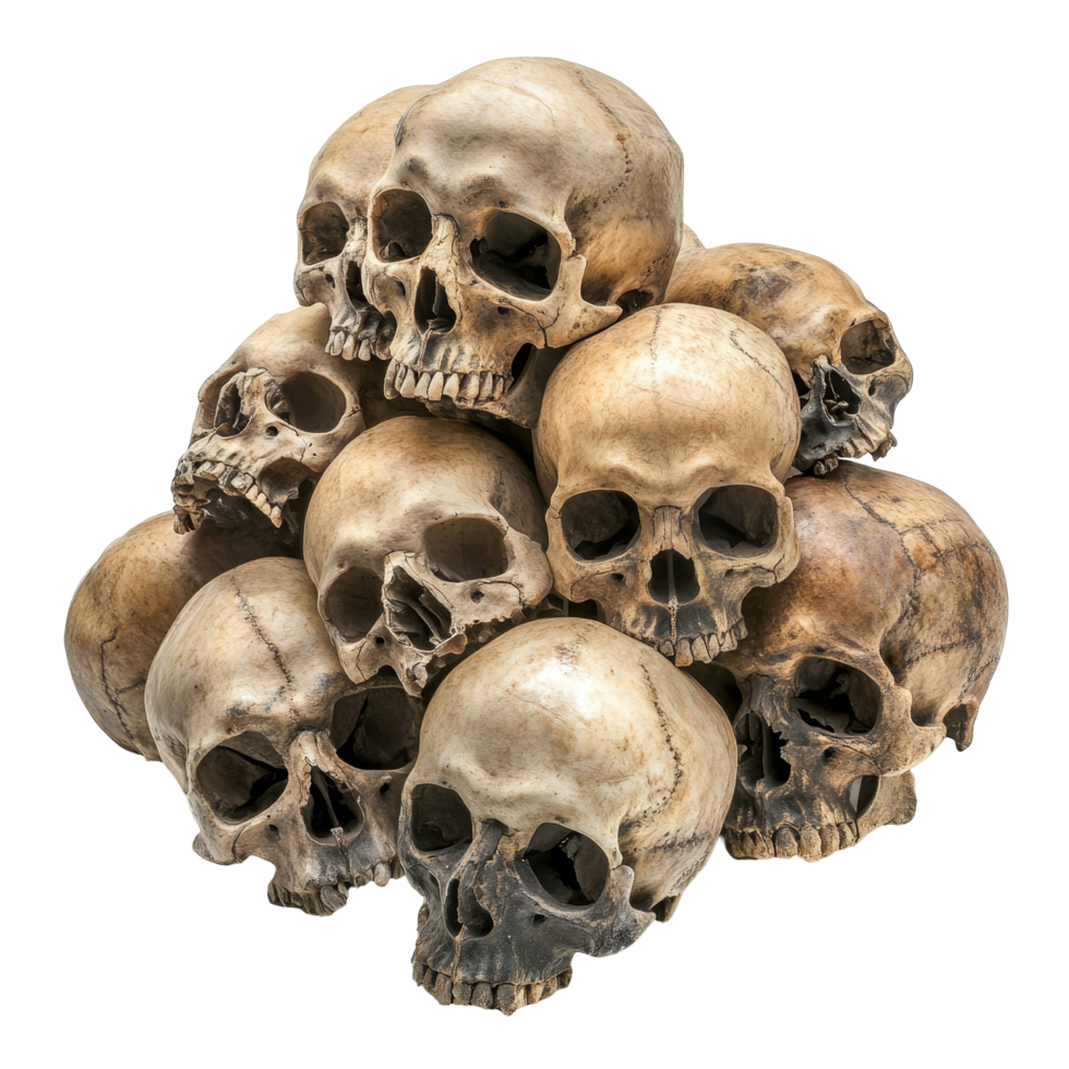 A pile of human skulls isolated against a transparent background for educational and artistic purposes, pile of human skulls, file of isolated object with shadow on transparent background png