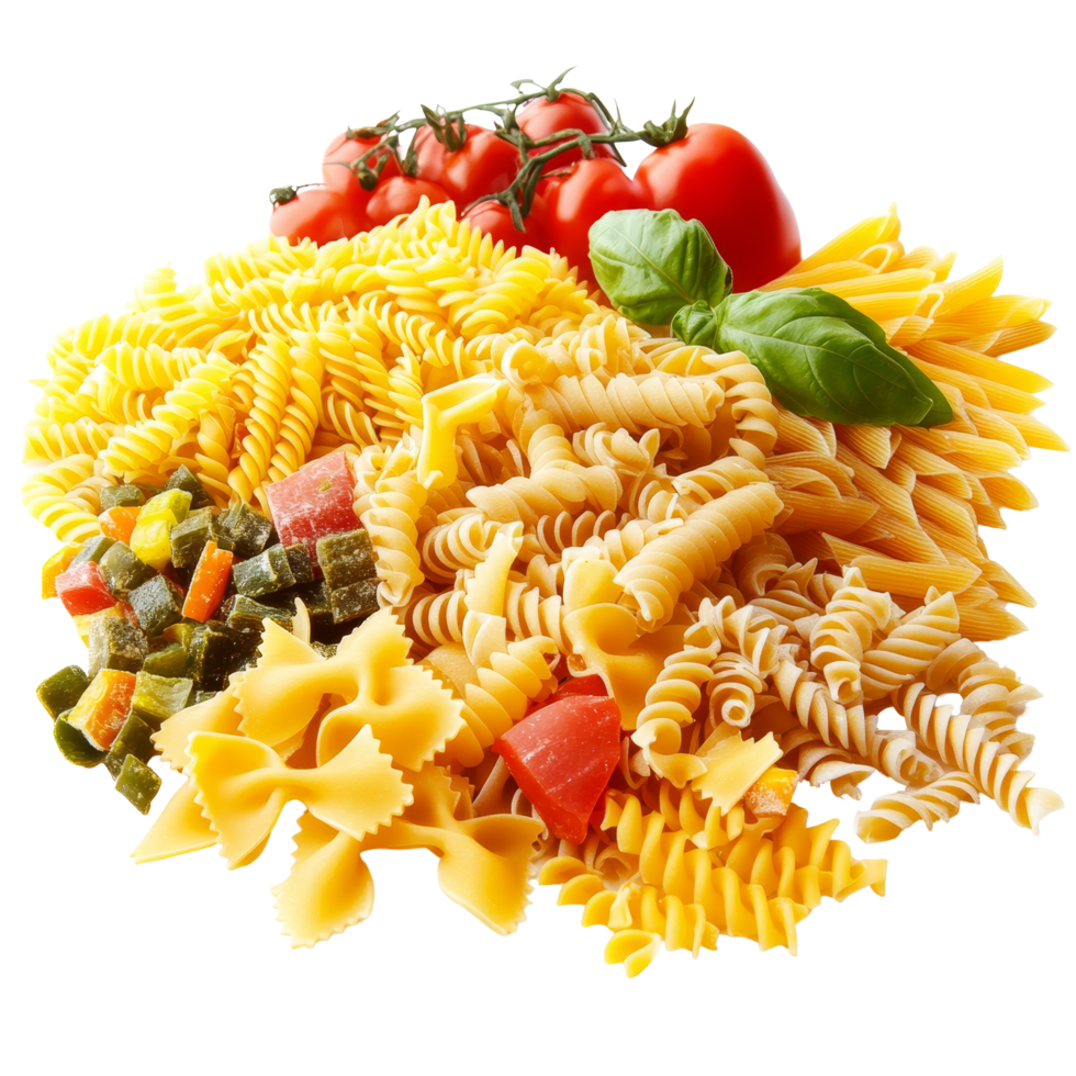 Variety of pasta shapes isolated on a transparent background with fresh tomatoes and basil for cooking inspiration, Pasta isolated on transparent background png