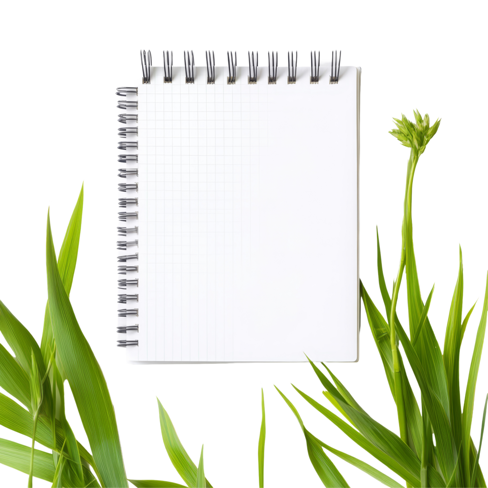 A fresh spring notepad surrounded by green leaves on a clean, transparent background for creative inspiration, spring notepad front view, file of isolated object on transparent background png