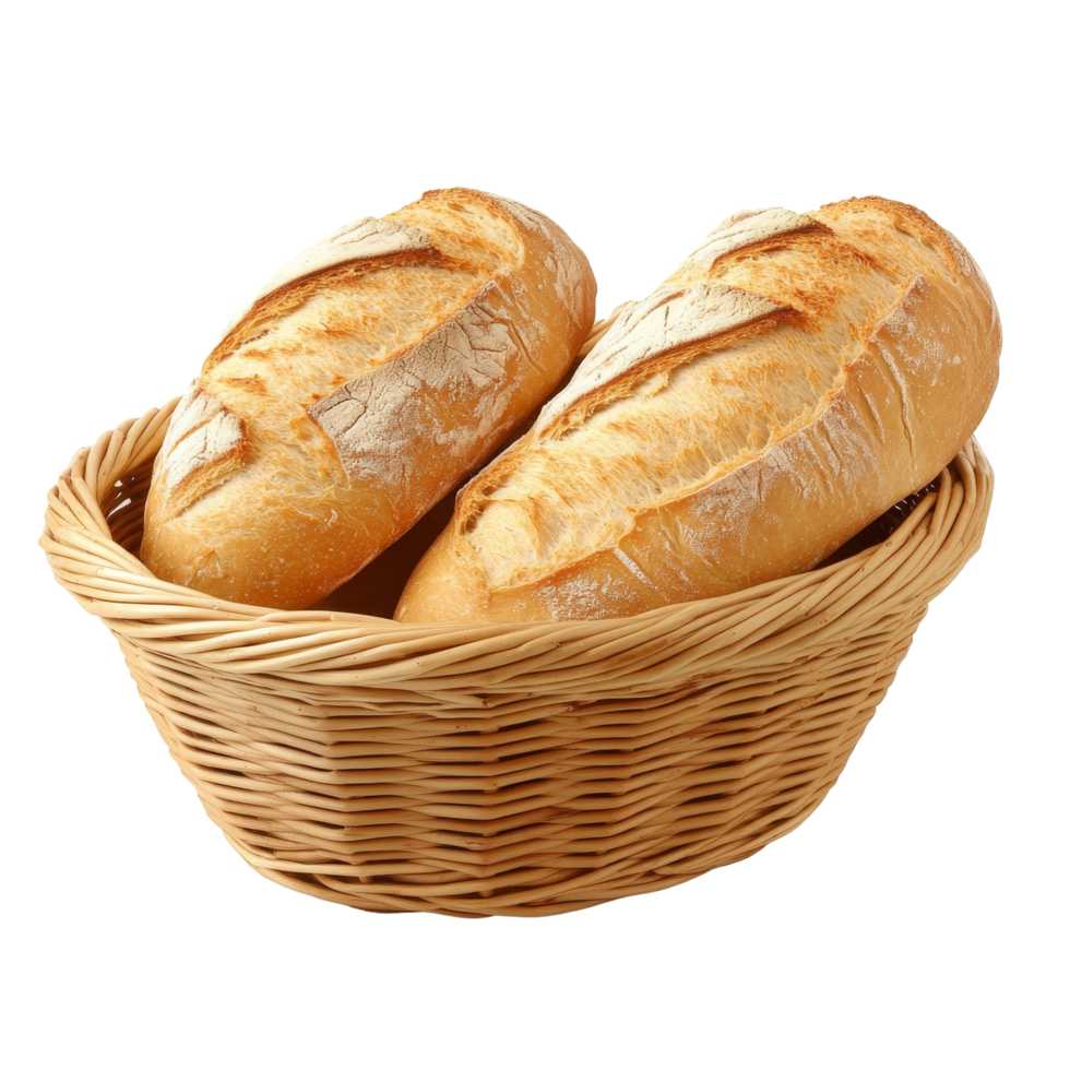 Freshly baked loaves of bread in a rustic basket on a clean transparent backdrop, Basket of Bread on transparent background png