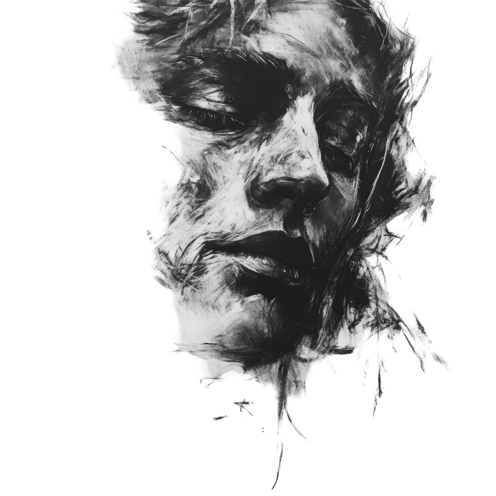 Abstract charcoal portrait on transparent background showcasing a figures contemplative expression and emotive details, charcoal on transparent background png