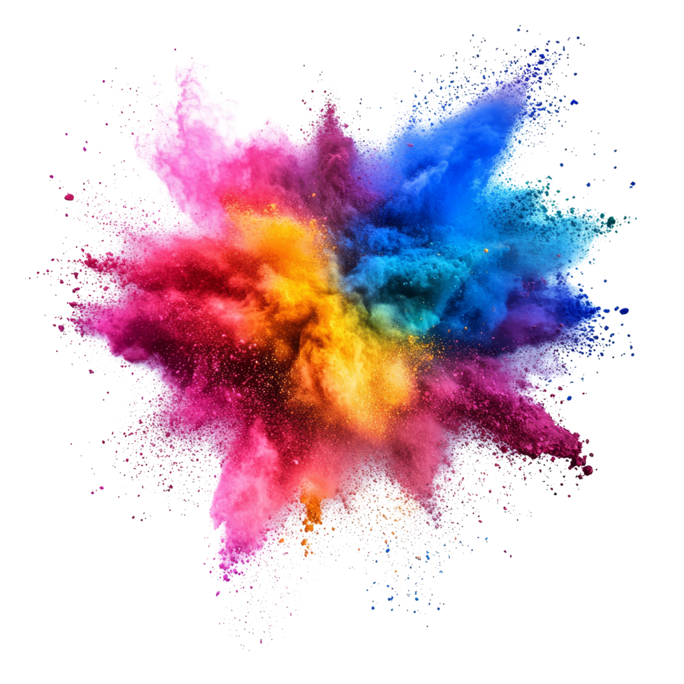 Dynamic explosion of vibrant color powder showcasing multicolored dust in a captivating display of artistry, Vibrant Color Powder Explosions, Multicolored Dust Clouds Isolated on transparent png